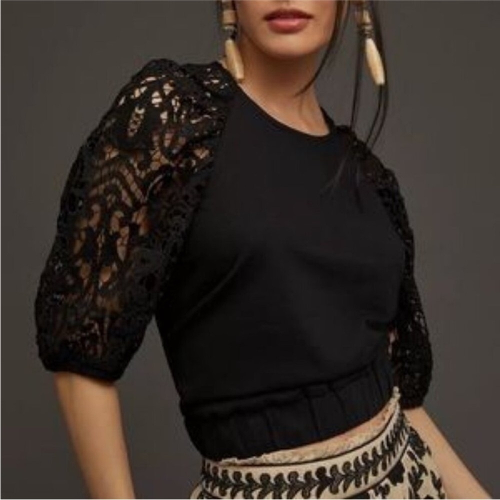ANTHROPOLOGIE Dolan Black Lace Sleeve Top Petite Medium